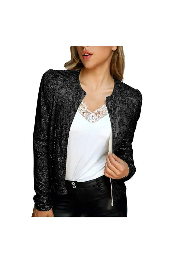 Womens Sequin Cropped Cardigans Jackets Sparkly Party Coats Club Wear Open Front Crew Neck Outwear