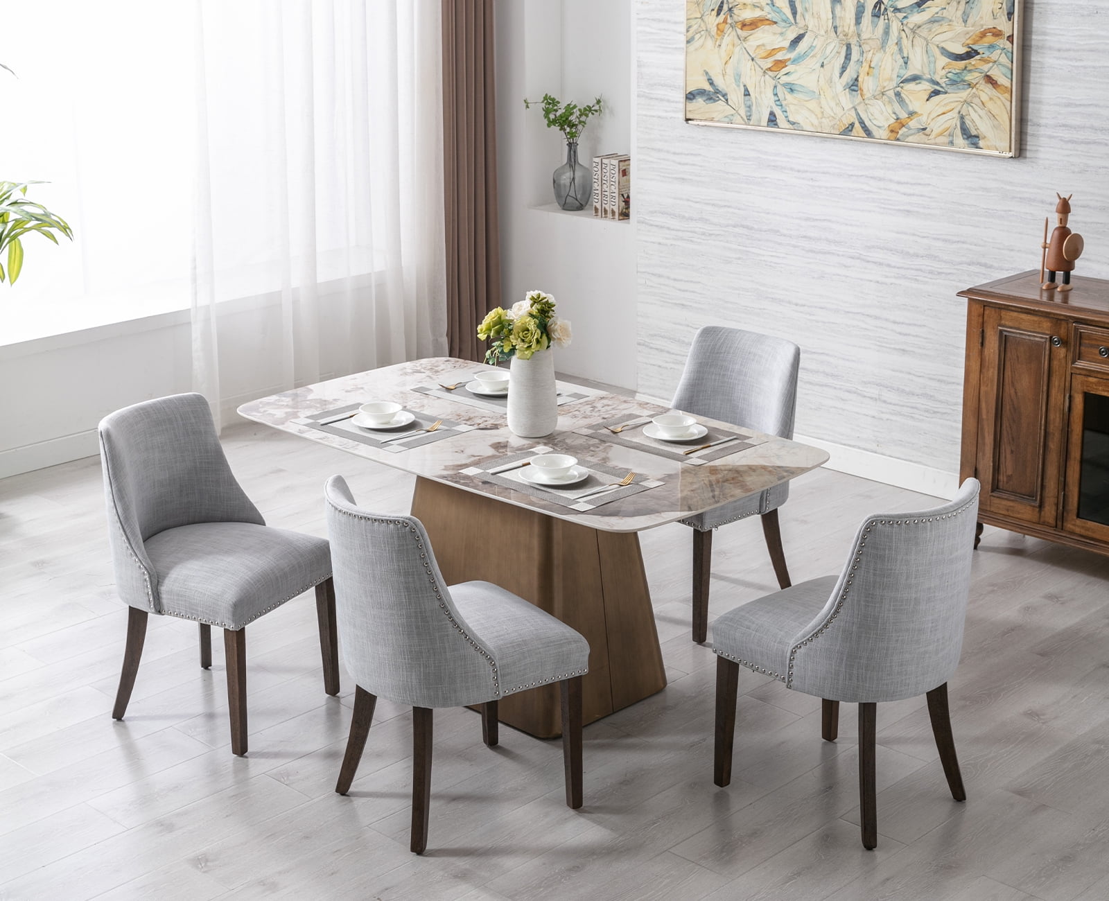 Guyou Dining Chairs Set of 2, Mid Century Modern Linen Upholstered Farmhouse Side Chairs with Nailhead and High Back for Kitchen Restaurant, Grey