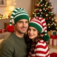thumbnail image 6 of Christmas Elf Knit Costume Hat, Striped Beanie Cap with Elf Ears and Pom‑Pom, Stretchy One Size Winter Holiday Dress‑Up Accessory for Men Women Adults, 6 of 6