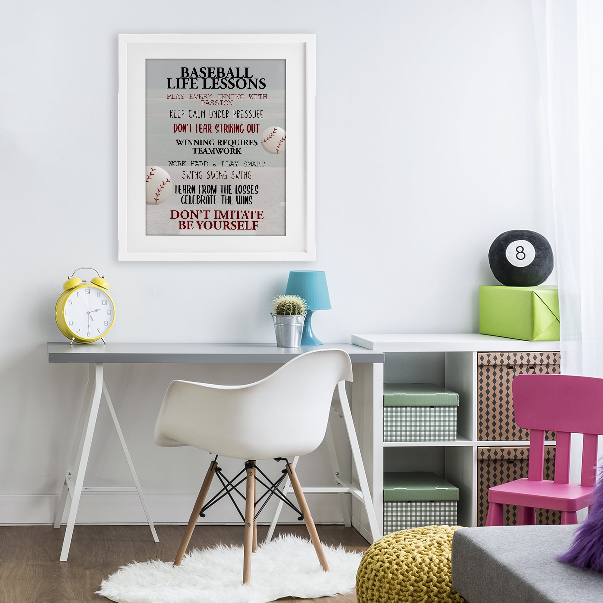 Baseball Life Lessons White Framed Print Under Glass, design by Kim Allen