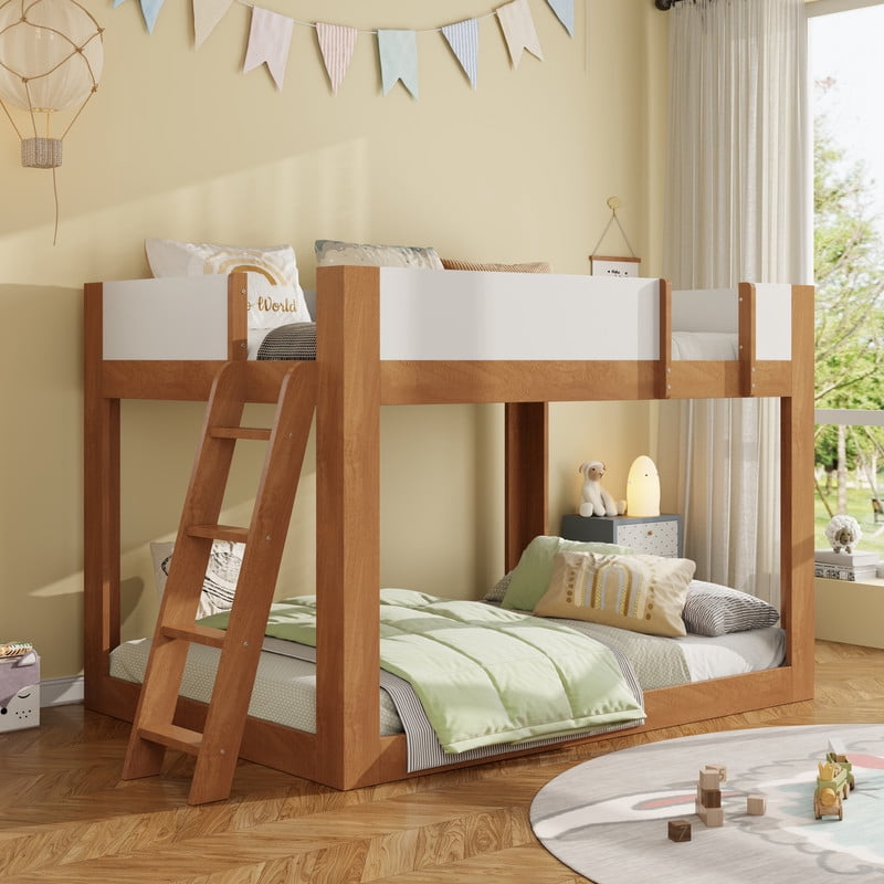 Full-Over-Full Low-Profile Bunk Bed with Guardrails, Wooden Kids Bed with Reversible Ladder, Accent Two-Tone Bed Frame