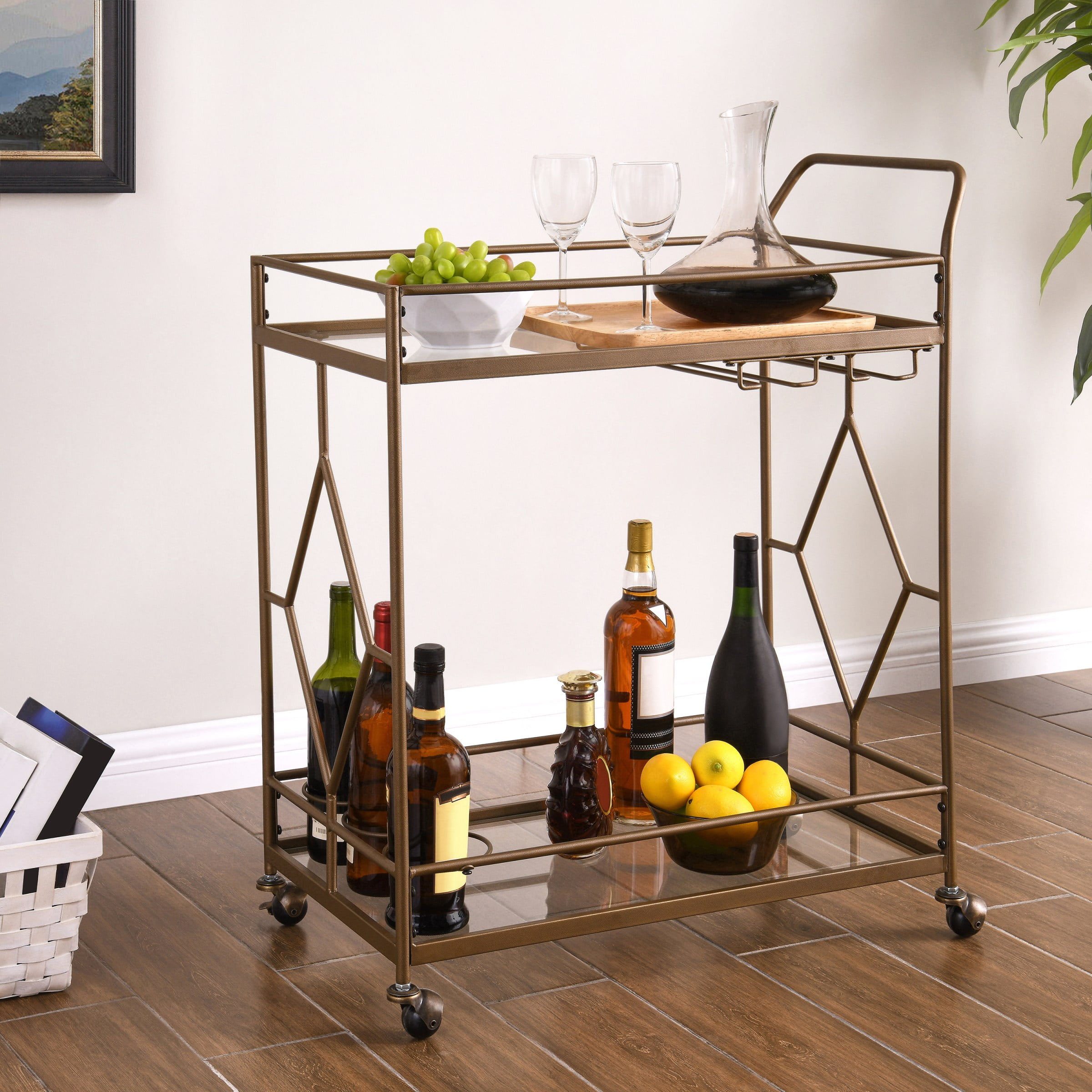 Bar Cart Wine Rack Snacks Holder Wood Metal Home Liquor Storage Display Elegant 