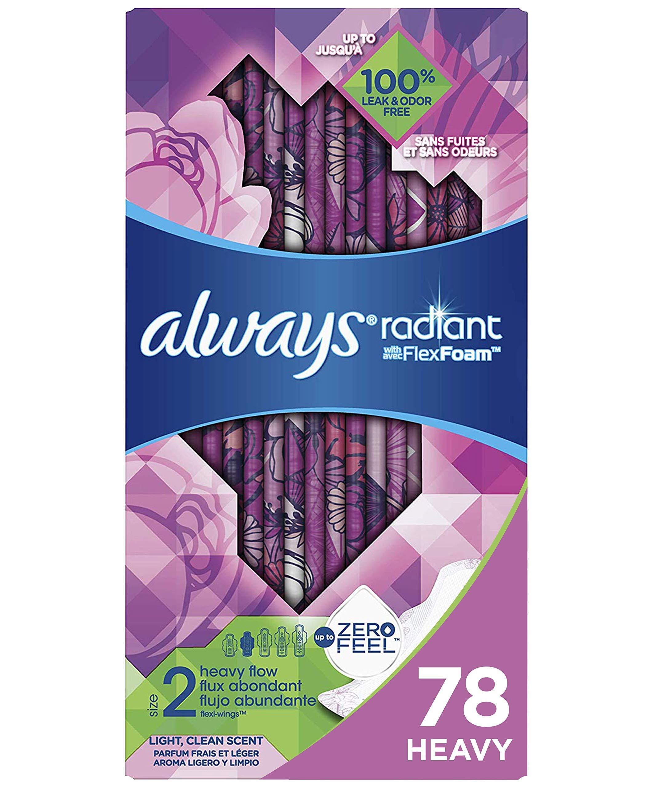Always Radiant Feminine Pads for Women, Size 2, 78 Count, Heavy Flow