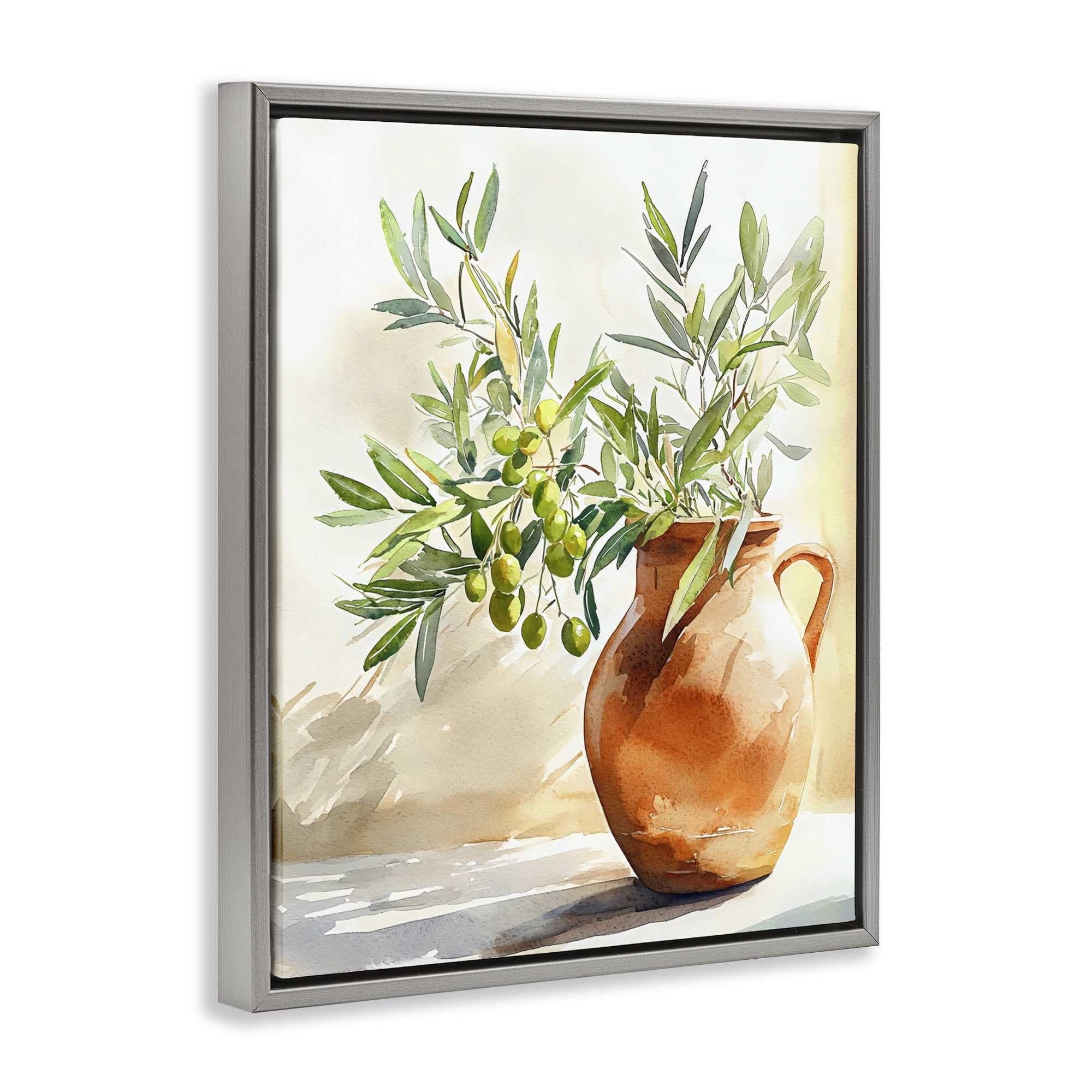 Stupell Industries Olive Branch in Terracotta Vase Gray Framed Floater Canvas Wall Art, design by LSR Design Studio