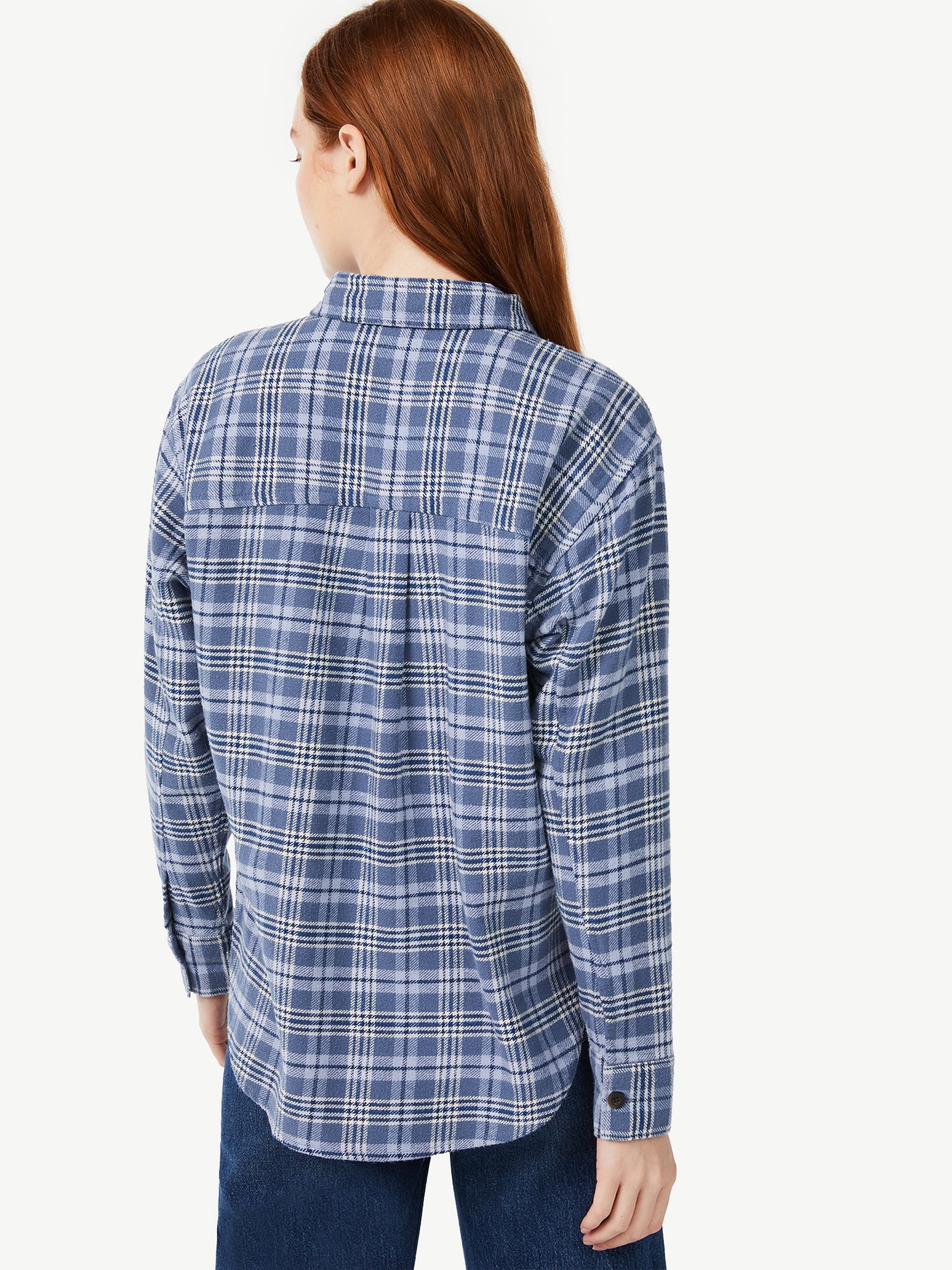 Free Assembly Women's Cotton Plaid Work Shirt with Long Sleeves, Sizes XS-XXXL