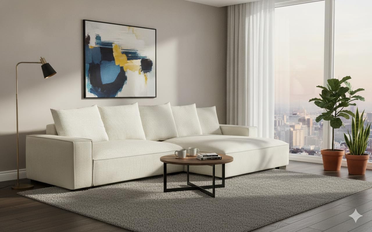 106.7-Inch L Shaped Loveseat and Chaise, Luxe Large Two-Piece Right Facing Sectional Sofa for Living Room,Upholstered with Corduroy Fabric, Right Facing, Ivory