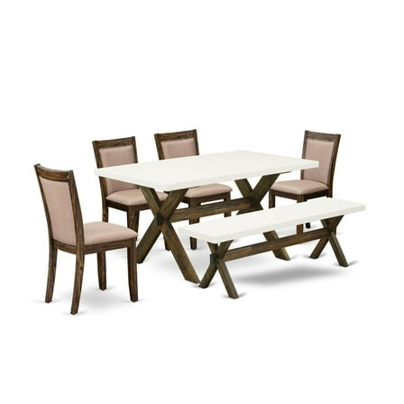 East West Furniture X726MZ716-6 6 Piece Dinning Set- A Kitchen Table in Trestle Base with Wood Bench and 4 Dining Chairs - Distressed Jacobean Finish