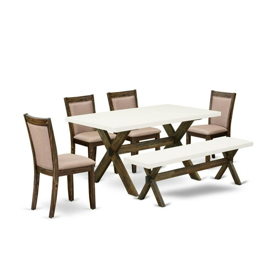 East West Furniture X726MZ716-6 6 Piece Dinning Set- A Kitchen Table in Trestle Base with Wood Bench and 4 Dining Chairs - Distressed Jacobean Finish
