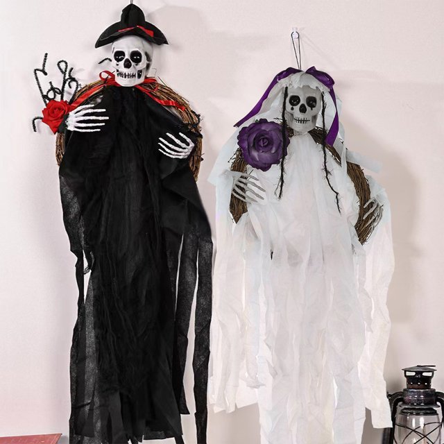 Fiudx Liquidación De Decoración Del Hogar Corona De Halloween, Corona De Esqueleto Con Decoraciones De Bolas De Rosas De Esqueleto, Corona De Halloween Para Decoración De Halloween De Pared De Ventan