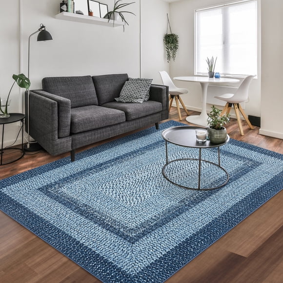 Aoile 5'x7' Washable Area Rug, Geometric Printed Rugs with Non Slip for Living Room Bedroom Dining Room, Blue