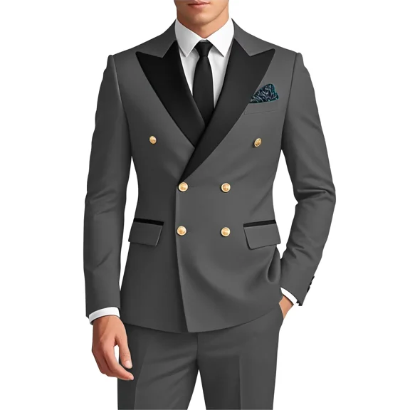 Men's 2 Piece Grey Suits Double Breasted Blazer and Pants Wedding Prom Business Suit with Gold Button,S