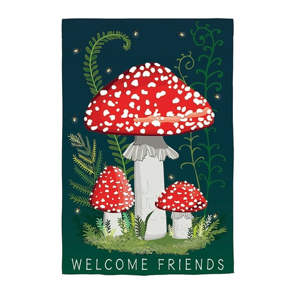 Evergreen Linen Garden Flag - Welcome Friends Mushroom Garden, 12.5 x 18 inch Double Sided