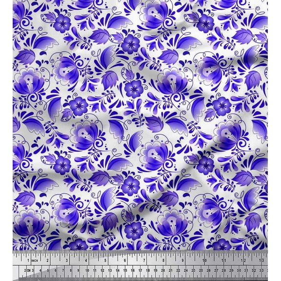 Soimoi Japan Crepe Satin Fabric Dot,Leaves & Floral Artistic Printed Craft Fabric by The Yard 42 Inch Wide