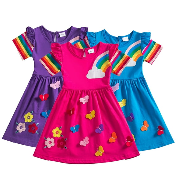 YTDSCS Little Girls Short Sleeve Dress for Toddler Kids Summer Butterfly Embroidered Sundress Baby Floral Rainbow Sleeves Princess Dresses 3-8T