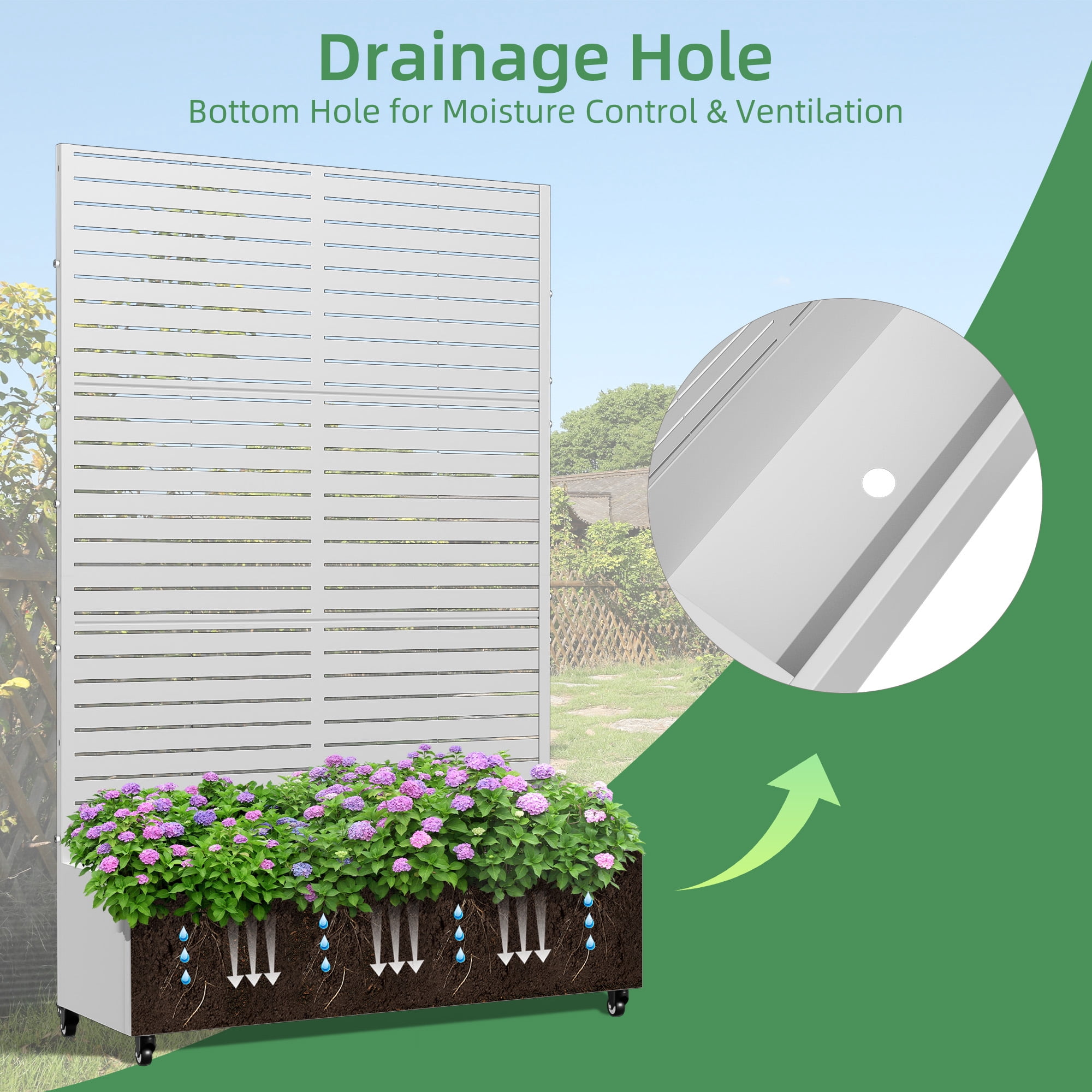 MAYEERTY 47*16*71"Outdoor White Metal Planter with Rect Louvered Climbing Trellis, Drainage hole & Wheels