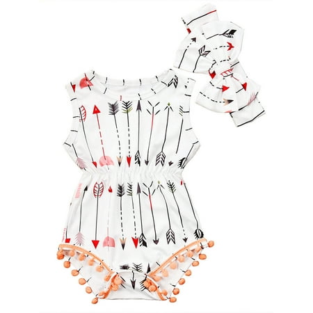 

Calsunbaby Newborn Baby Girls Summer Romper Arrow Print Elastic Waist Sleeveless Short Jumpsuit+Bow Headband White 18-24 Months