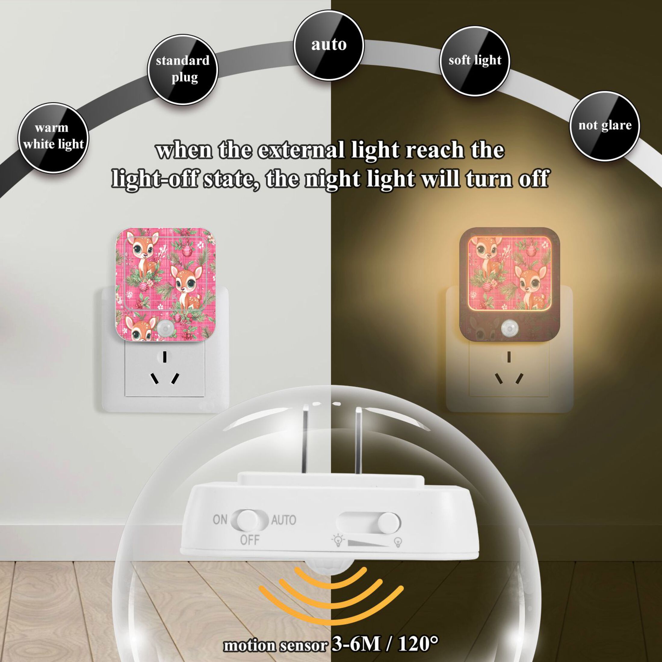 2 Pack LED Sensor Night Light Motion 3 Modes for Stairway Bedroom Living Room Cute Adorable Baby Deer