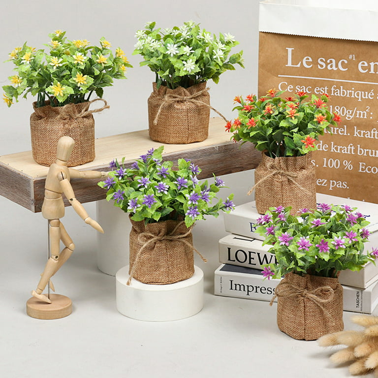 Potted Artificial Daisies Flowers In Metal Pot, Fake Silk Bonsai