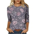 thumbnail image 2 of Soki Hauts pour Femmes à Manches 3/4, Chemises à Col Ras du Cou à Motif Floral, Tuniques Décontractées, Blouses, T-Shirts de Base d'Été, 2 of 5
