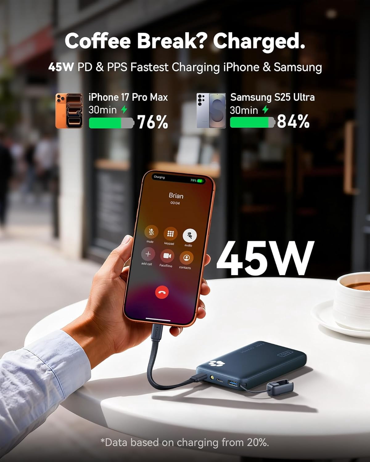 INIU 45W Fast Charging Portable Charger, 40% Smaller 10000mAh with Detachable Cable, Flight-Safe Travel Power Bank, USB C External Battery Pack for iPhone 17 16 Pro iPad Samsung S25 Google etc, Blue