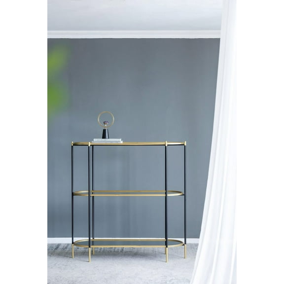 48.5x16.5x50" 3-Tier Metal Console Table, Black Gold Mirrored Shelf