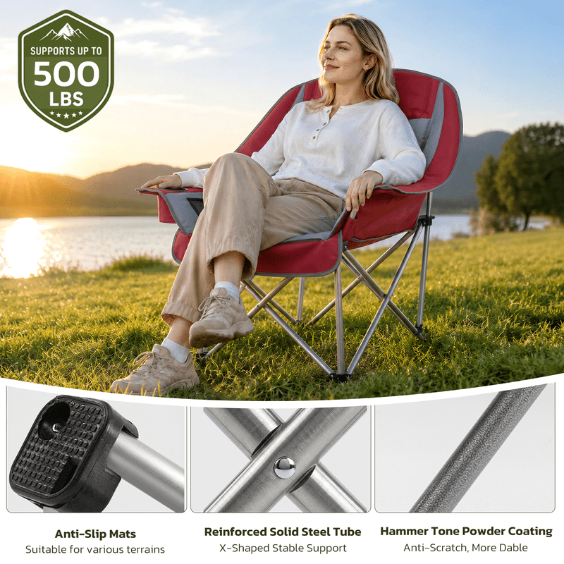 Simple Deluxe Extra Oversized Outdoor Foldable Camping Chair, with Cup Holder and Carrying Bag, Camping Chair with 500lbs Capacity and Sturdy Material, Suitable for Beaches, Hiking and Camping, Red
