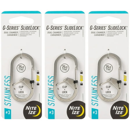 Nite Ize G-Series SlideLock Dual Chamber Carabiner - Key Holder & Organizer with SlideLock - Heavy-Duty Carabiner Clip for Car Keys, Keychain Accessories & More - Size 3, Stainless Steel (3 Pack)