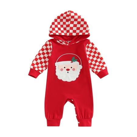 

Licupiee Christmas Infant Baby Girl Boys Hooded Romper Long Sleeve Checkerboard Print Loose Long Buttons Jumpsuit