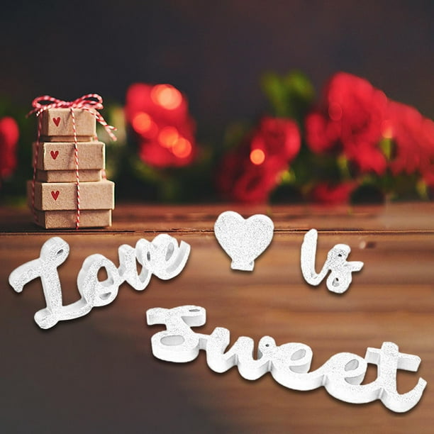 Love IS Sweet and Heart-letrero de madera para fotos, accesorios románticos para mesa de boda, centro de mesa para decoración de pasteles y postres, Blanco Macarena Signo de boda