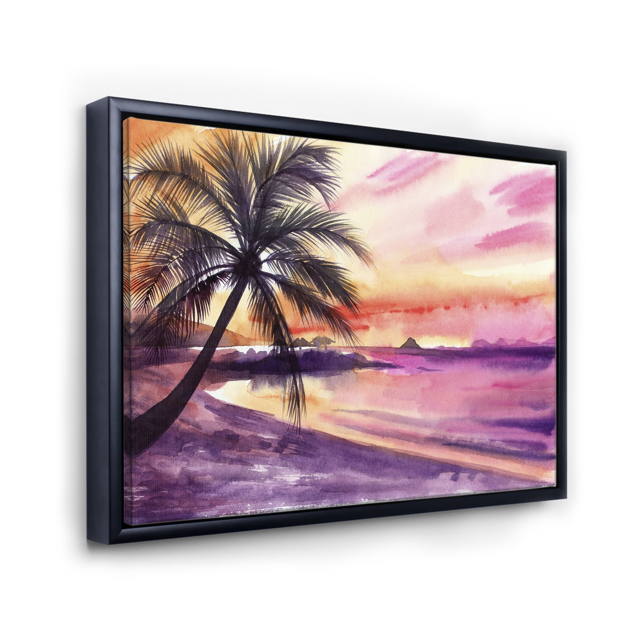 Designart 'Purple and Pink Palm Beach Sunset' Nautical & Coastal Framed Canvas Wall Art Print
