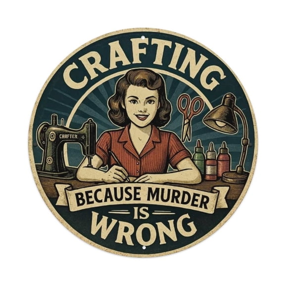 Crafting Because Murder Is Wrong Round Tin Sign Vintage Metal Poster Living Room Bar Man Cave Home Wall Art Decor 8x8inch