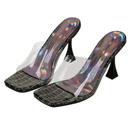 

Clear Heeled Sandals for Women Square Open Toe High Heels Transparent Band Slip on Mules Fashion Party Dress Shoes