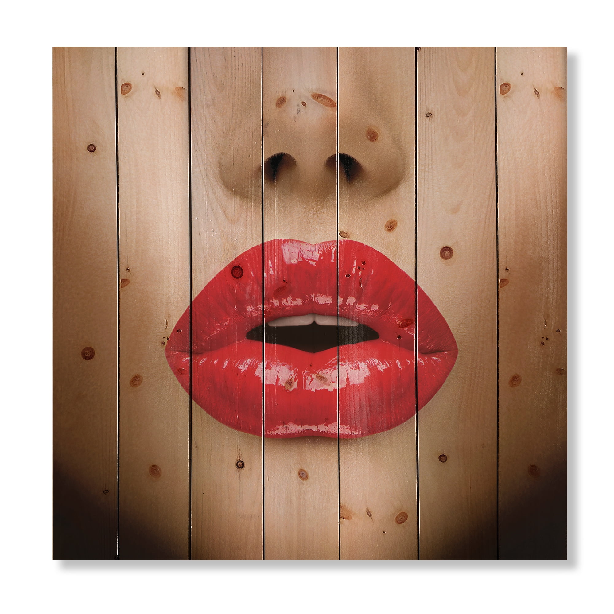 Designart 'Sexy Woman Lips Beautiful Make-Up Close-Up Kiss' Modern Print on Natural Pine Wood