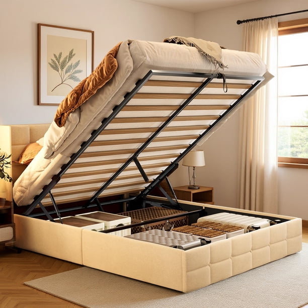 Cama elevable con espacio de almacenamiento, estructura de cama tapizada con cabecera moderna con respaldo alto, soporte de listones de madera, soporte hidráulico, no necesita somier