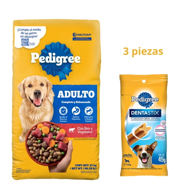 Pedigree Adulto 21 kg + Pedigree Dentastix Razas Pequeñas Cuidado Oral Diario 45 G (3pack)