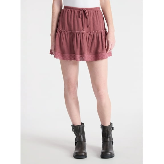 No Boundaries Drawcord Ruffle Mini Skirt with Lace Trim, Women's