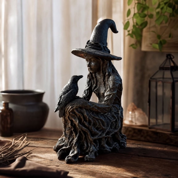 Halloween Witch Statue with Crow, Gothic Witch Figurine for Home Garden Patio Table Decor