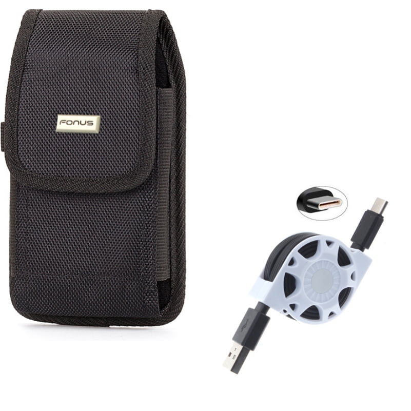 Rugged Canvas Carry Case Belt Holster w Retractable Type-C USB Cable Charger Power Wire Sync K3L for LG V50 ThinQ 5G, V40 ThinQ, V35 ThinQ, G7 ThinQ, Stylo 4 Plus - Motorola Moto Z4 Z3 Play