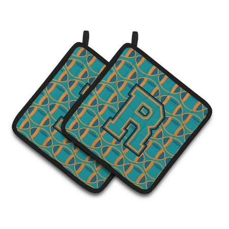 

Carolines Treasures CJ1063-RPTHD Letter R Football Aqua Orange and Marine Blue Pair of Pot Holders 7.5HX7.5W