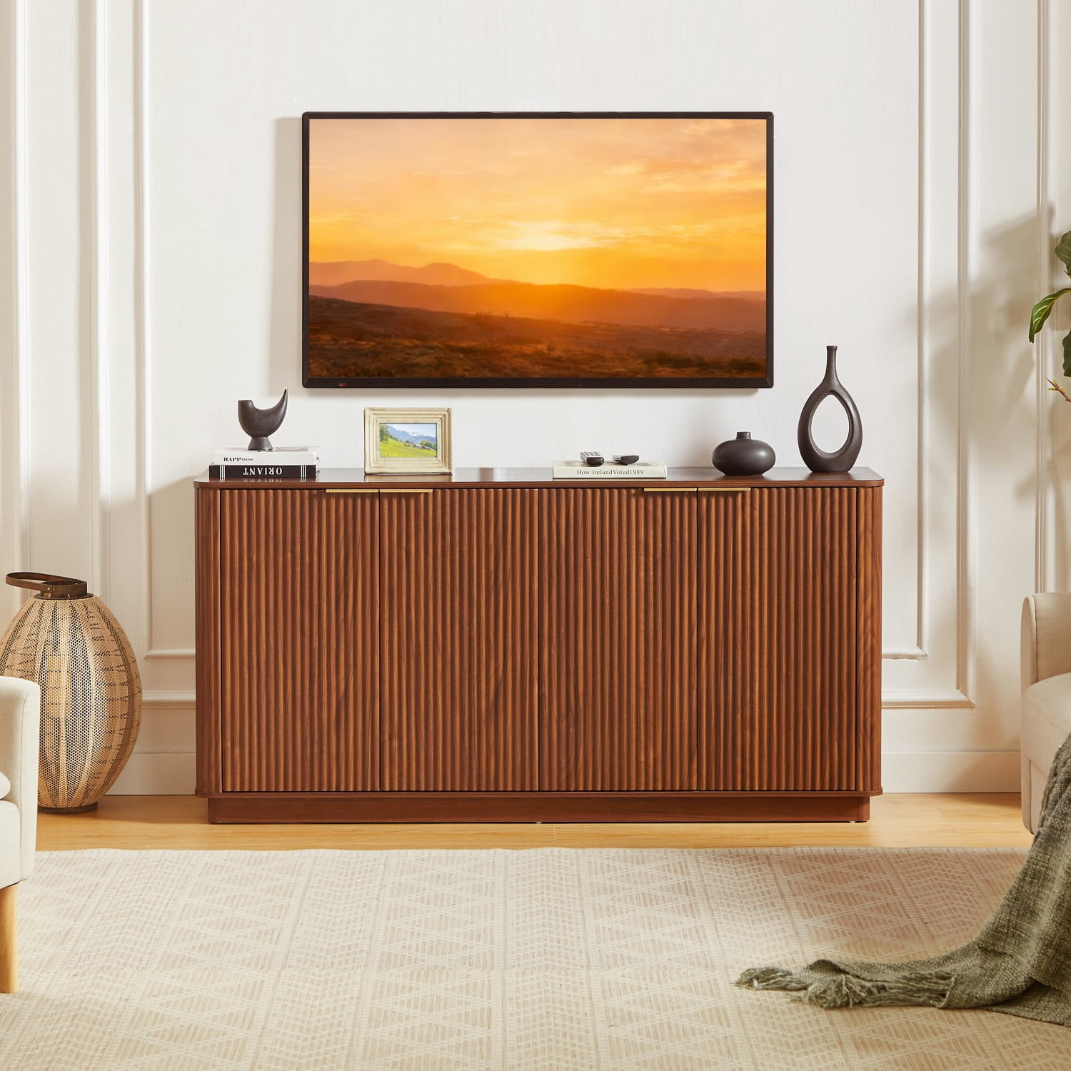 63" Buffet Cabinet with Storage, Walnut Sideboard Cabinet with 4 Doors, Curved Wave TV Stand Credenza Console Cabinet for Living Room, Dining Room, Bedroom, Hallway