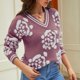 thumbnail image 1 of ICHUANYI Liquidación Moda Mujer Casual Tejer Manga Larga Impresión V-Cuello Tops Blusa Camiseta ICHUANYI WER202308232465, 1 of 6