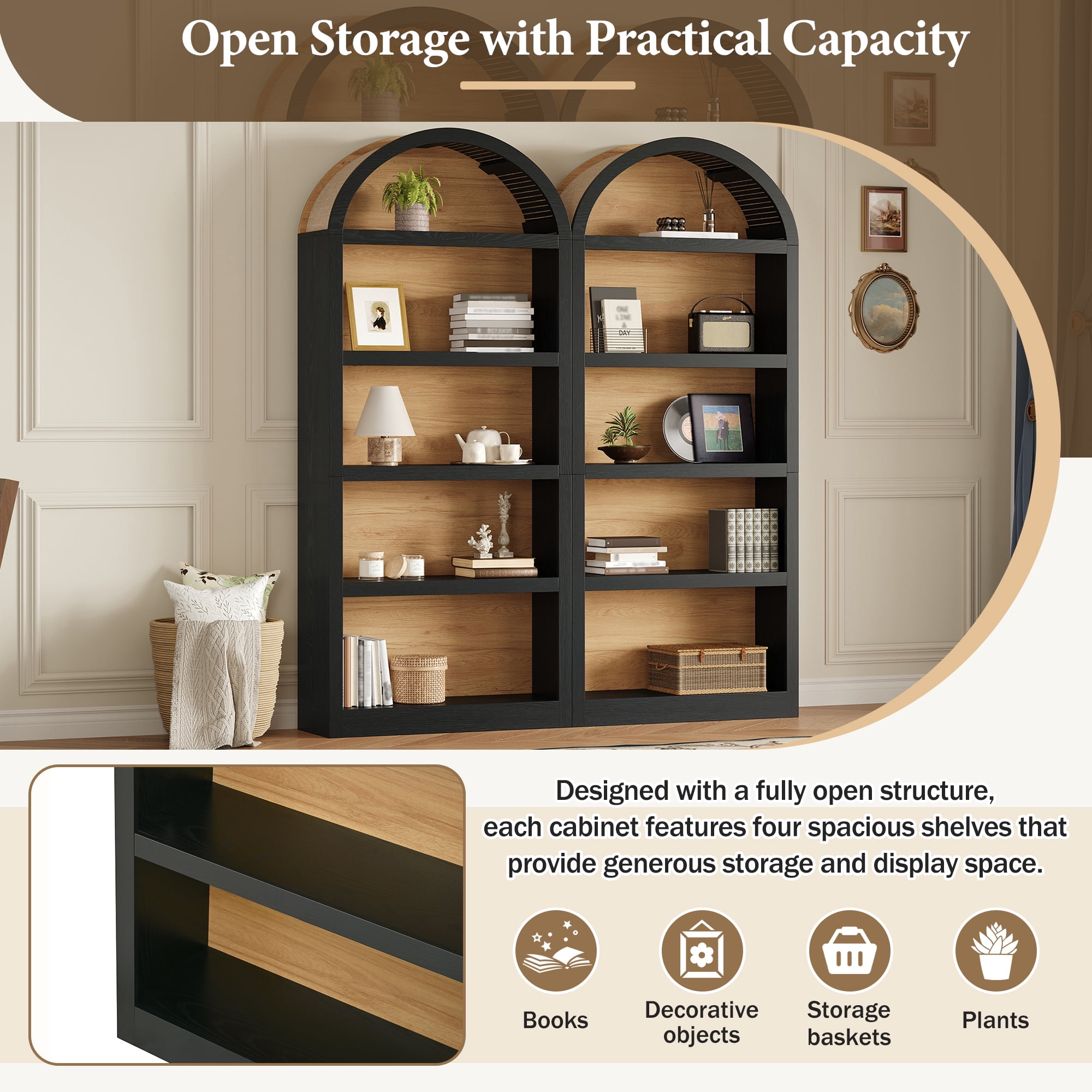 Miniyam Set of 2 Farmhouse Freestanding Bookshelves, Two-Tone Open Storage Cabinet with Fabric Arched Top, 5-Tier Display Bookcase for Home Office, Black