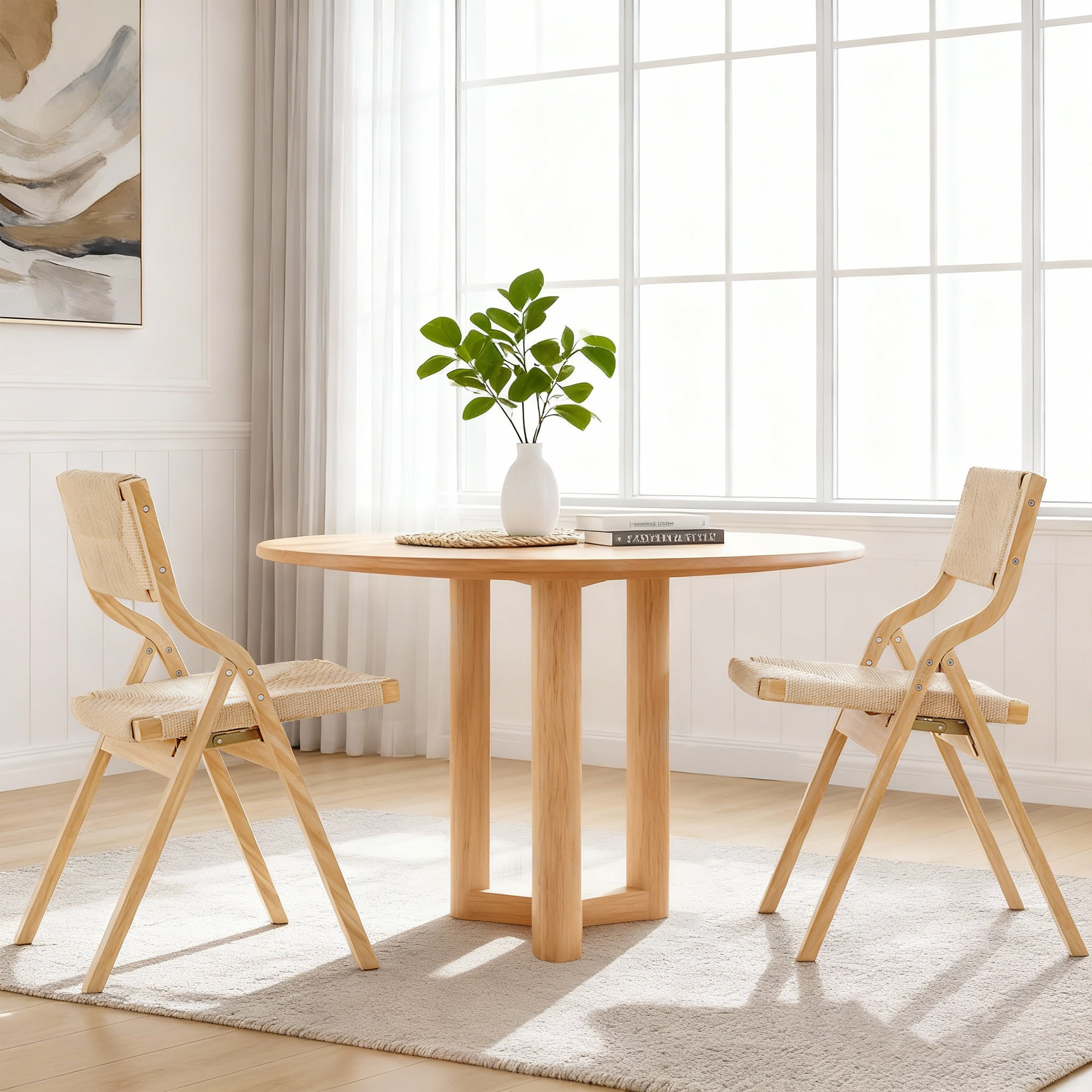 MAYEERTY 2-Set Wood Foldable & Stackable Dining Chairs for Dining Room, Woven Seat & Back, Natural