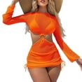 thumbnail image 2 of PWPSG Knitted Mesh Long Sleeve Cutout Cover Up Dress with Built In Bikini Lining Swimsuit Orange M, 2 of 8