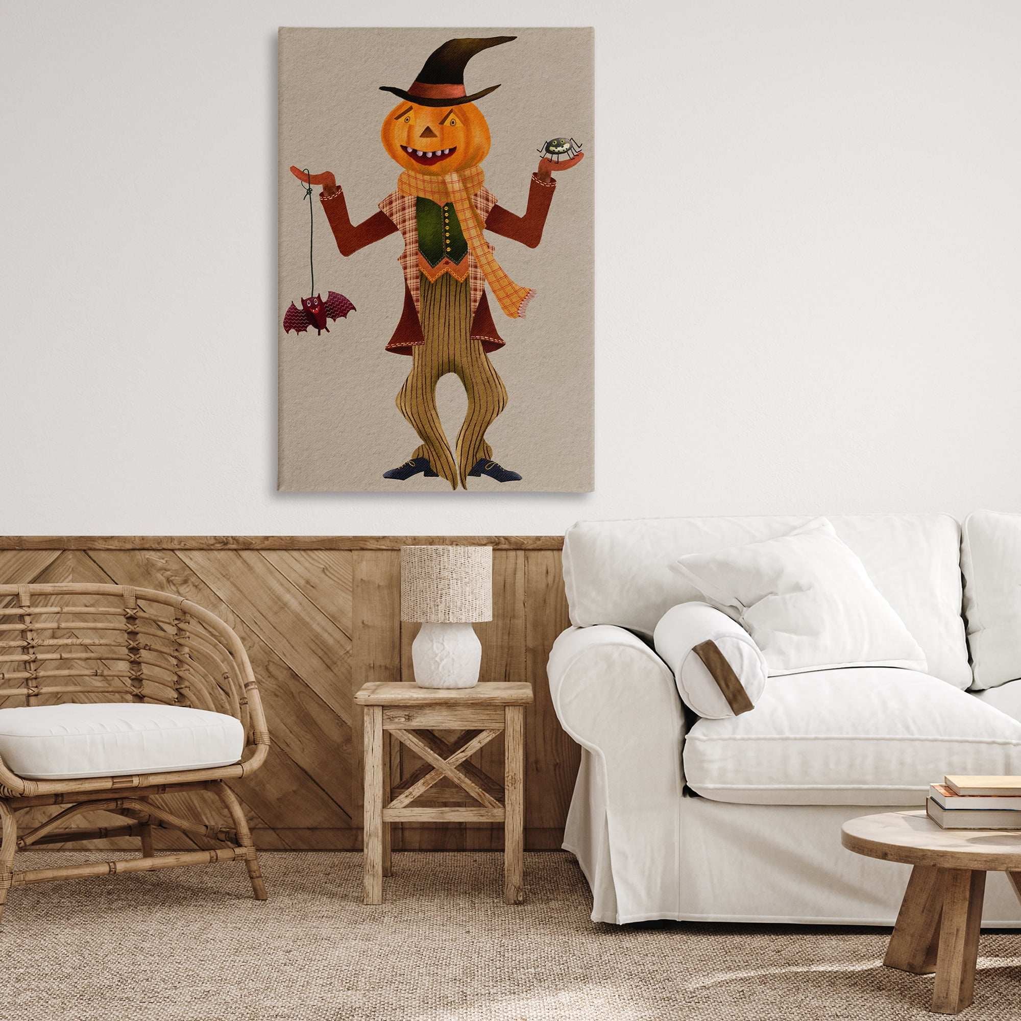Stupell Industries Halloween Scarecrow & Bat Holiday Painting Gallery Wrapped Canvas Art Print Wall Art, 30 x 45
