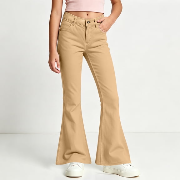 Qodauz Flare Pants for Girls High Rise Casual Chino Pant School Uniform Trousers with Pockets 5-16 Years 9-10 Years