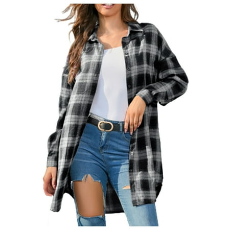 

jsaierl Womens Flannel Plaid Shirts Long Sleeve Lapel Mid-Long Casual Button Down Boyfriend Shirts Blouse Top