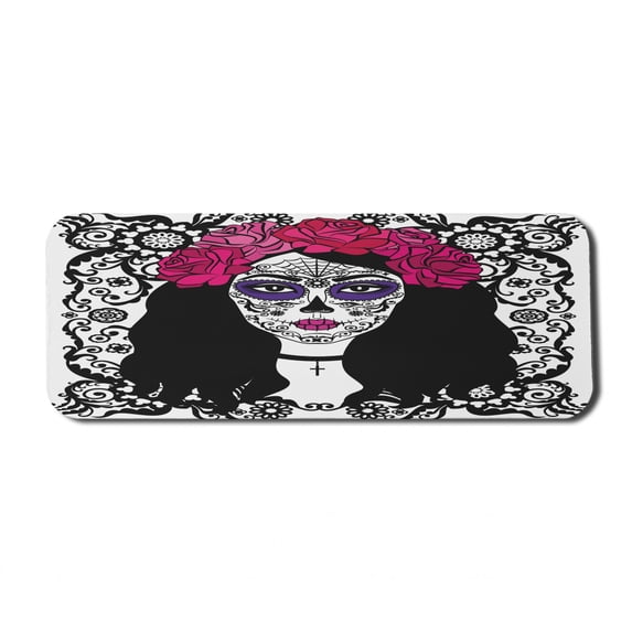 Sugar Skull Computer Mouse Pad, Girl Dia De Los Muertos Traditional Art Print Colorful Woman Design, Rectangle Non-Slip Rubber Mousepad Large, 31" x 12" Gaming Size, Black White Pink, by Ambesonne