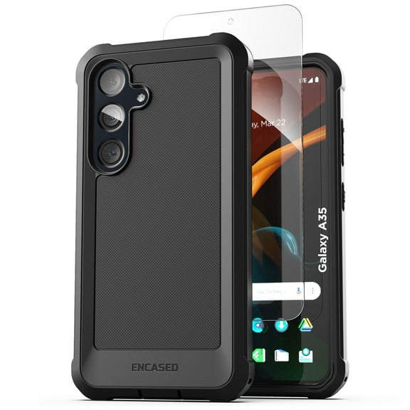 Encased Protective Case for Samsung Galaxy A35 5G (Falcon Series) Rugged Full Body Dual Layer Protection with Tempered Glass Screen Protector (Black)