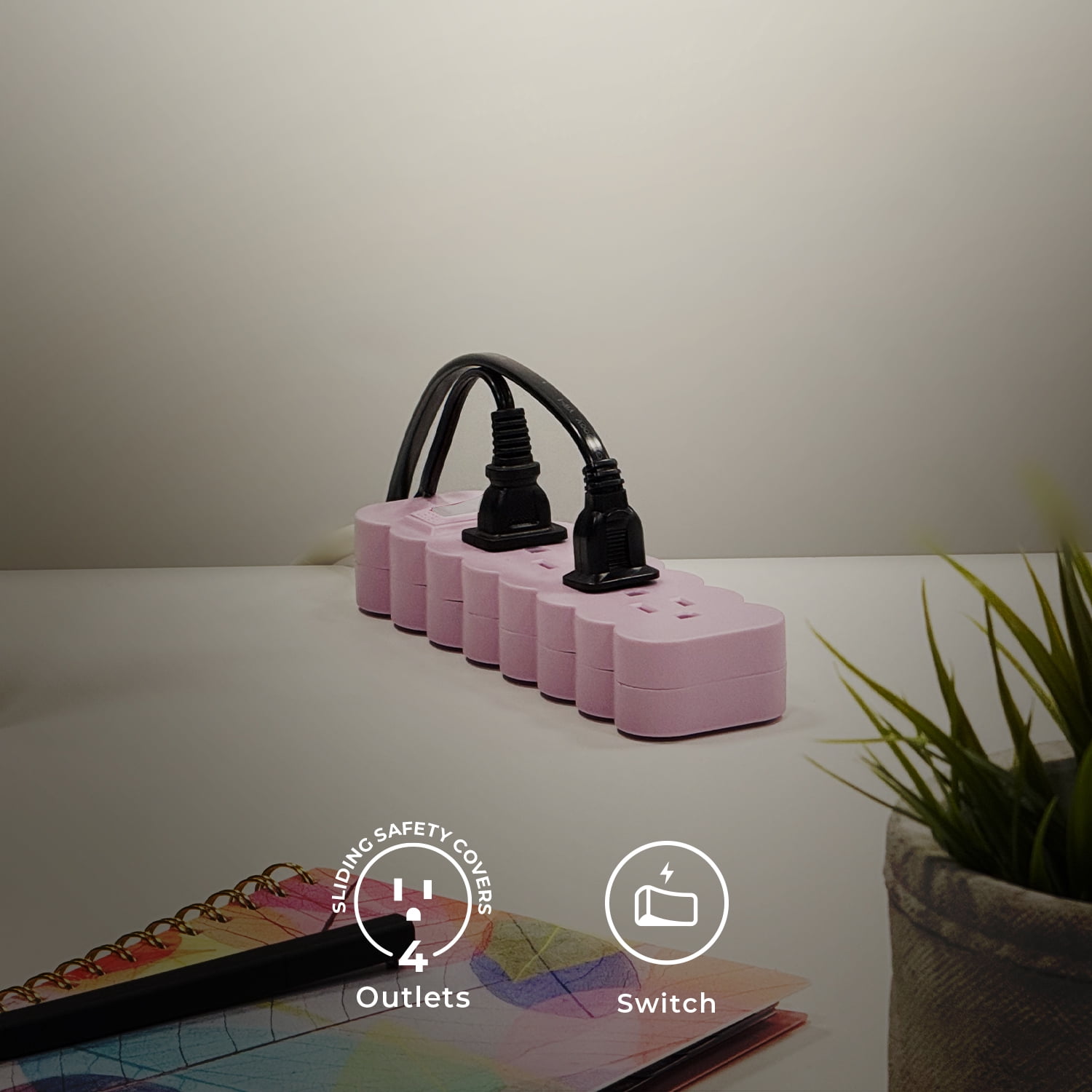 Globe Electric 4-Outlet Indoor Power Strip, 3 ft Braided Fabric Cord, Flat Plug, Pink